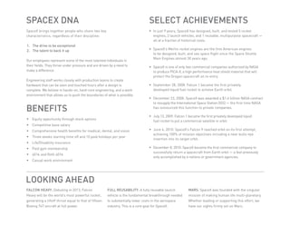 SpaceX DNA                                                                      Select Achievements
SpaceX brings together people who share two key                                 ƒƒ In just 9 years, SpaceX has designed, built, and tested 5 rocket
characteristics, regardless of their discipline:                                   engines, 2 launch vehicles, and 1 reusable, multipurpose spacecraft —
                                                                                   all at a fraction of historical costs.
1.	 The drive to be exceptional
2.	 The talent to back it up                                                    ƒƒ SpaceX’s Merlin rocket engines are the first American engines
                                                                                   to be designed, built, and see space flight since the Space Shuttle
                                                                                   Main Engines almost 30 years ago.
Our employees represent some of the most talented individuals in
their fields. They thrive under pressure and are driven by a need to            ƒƒ SpaceX is one of only two commercial companies authorized by NASA
make a difference.                                                                 to produce PICA-X, a high performance heat shield material that will
                                                                                   protect the Dragon spacecraft on re-entry.
Engineering staff works closely with production teams to create
hardware that can be seen and touched hours after a design is                   ƒƒ September 28, 2008: Falcon 1 became the first privately
complete. We believe in hands-on, hard-core engineering, and a work                developed liquid fuel rocket to achieve Earth orbit.
environment that allows us to push the boundaries of what is possible.
                                                                                ƒƒ December 23, 2008: SpaceX was awarded a $1.6 billion NASA contract
                                                                                   to resupply the International Space Station (ISS) — the first time NASA

BENEFITS                                                                           has outsourced this function to private companies.

                                                                                ƒƒ July 13, 2009: Falcon 1 became the first privately developed liquid
ƒƒ Equity opportunity through stock options
                                                                                   fuel rocket to put a commercial satellite in orbit.
ƒƒ Competitive base salary
ƒƒ Comprehensive health benefits for medical, dental, and vision                ƒƒ June 4, 2010: SpaceX’s Falcon 9 reached orbit on its first attempt,
                                                                                   achieving 100% of mission objectives including a near bulls-eye
ƒƒ Three weeks starting time off and 10 paid holidays per year
                                                                                   insertion into its target orbit.
ƒƒ Life/Disability insurance
ƒƒ Paid gym membership                                                          ƒƒ December 8, 2010: SpaceX became the first commercial company to
                                                                                   successfully return a spacecraft from Earth orbit — a feat previously
ƒƒ 401k and Roth 401k
                                                                                   only accomplished by 6 nations or government agencies.
ƒƒ Casual work environment




Looking Ahead
Falcon Heavy: Debuting in 2013, Falcon                 Full Reusability: A fully reusable launch          Mars: SpaceX was founded with the singular
Heavy will be the world’s most powerful rocket,        vehicle is the fundamental breakthrough needed     mission of making human life multi-planetary.
generating a liftoff thrust equal to that of fifteen   to substantially lower costs in the aerospace      Whether leading or supporting this effort, we
Boeing 747 aircraft at full power.                     industry. This is a core goal for SpaceX.          have our sights firmly set on Mars.
 
