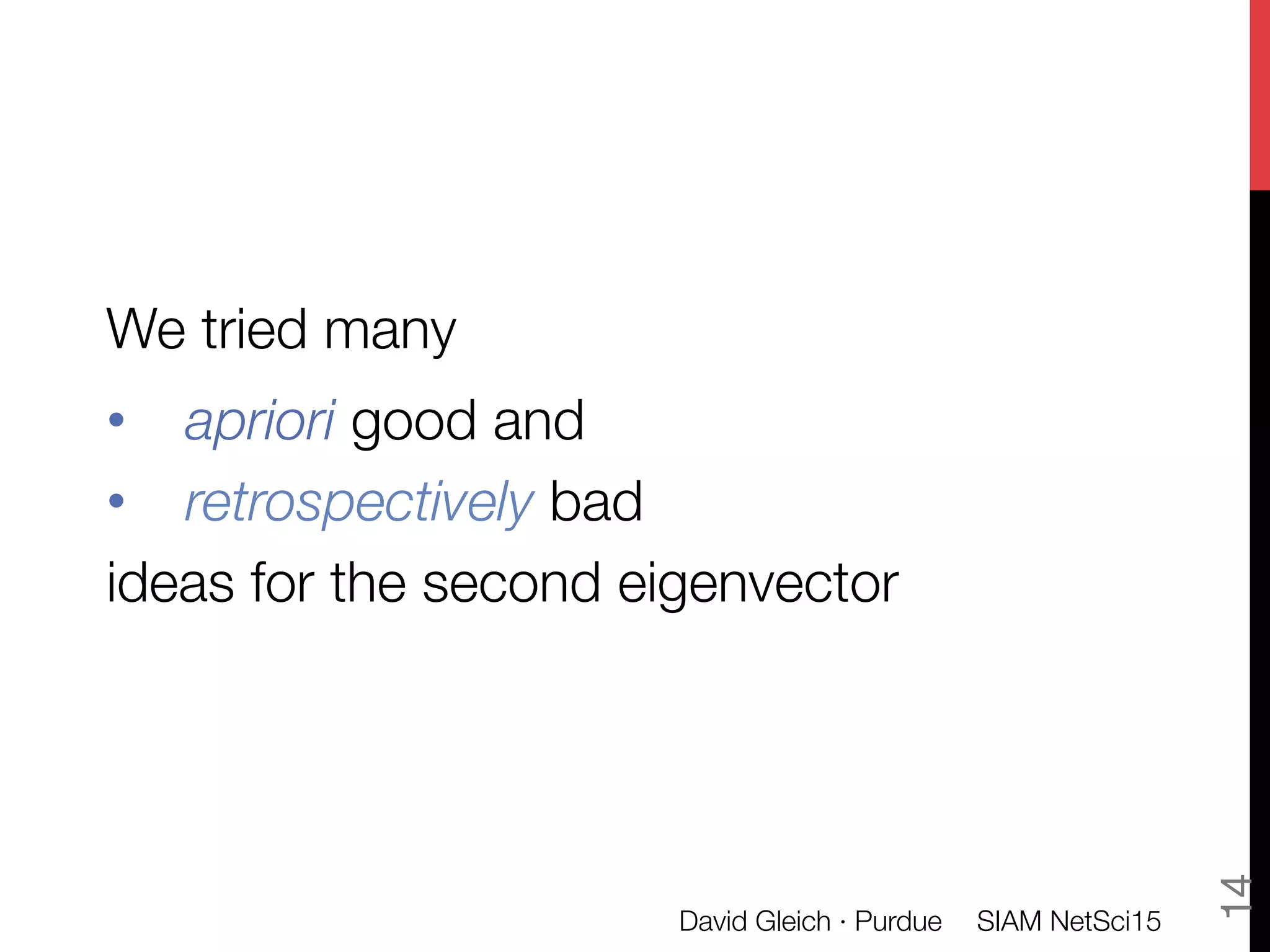 We tried many
•  apriori good and
•  retrospectively bad
ideas for the second eigenvector
SIAM NetSci15
David Gleich · Purdue
14
 
