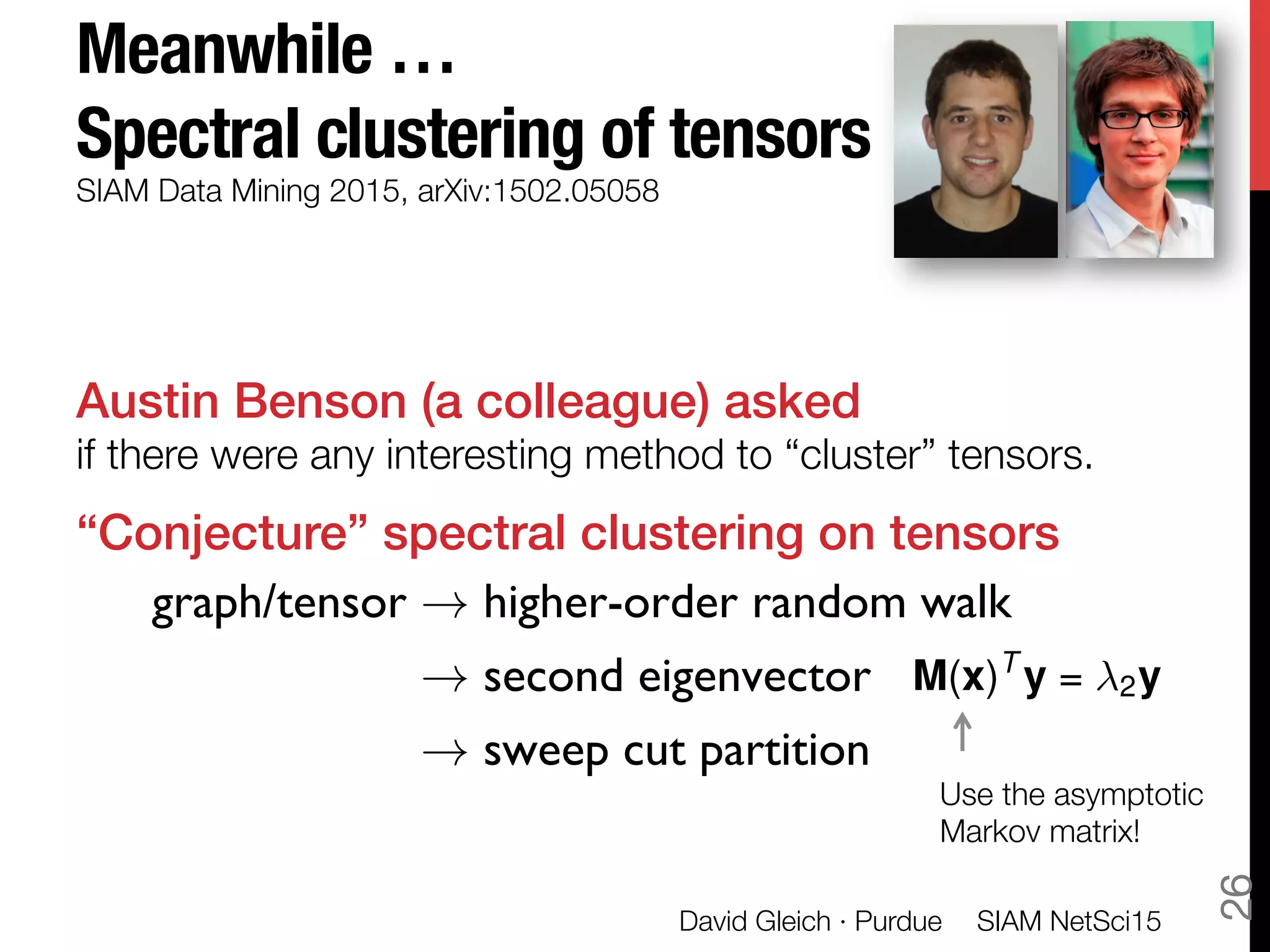 Meanwhile … "
Spectral clustering of tensors
Austin Benson (a colleague) asked"
if there were any interesting method to “cluster” tensors.
“Conjecture” spectral clustering on tensors!

!
SIAM Data Mining 2015, arXiv:1502.05058
graph/tensor ! higher-order random walk
! second eigenvector
! sweep cut partition
SIAM NetSci15
David Gleich · Purdue
26
M(x)T
y = 2y
Use the asymptotic
Markov matrix!
 