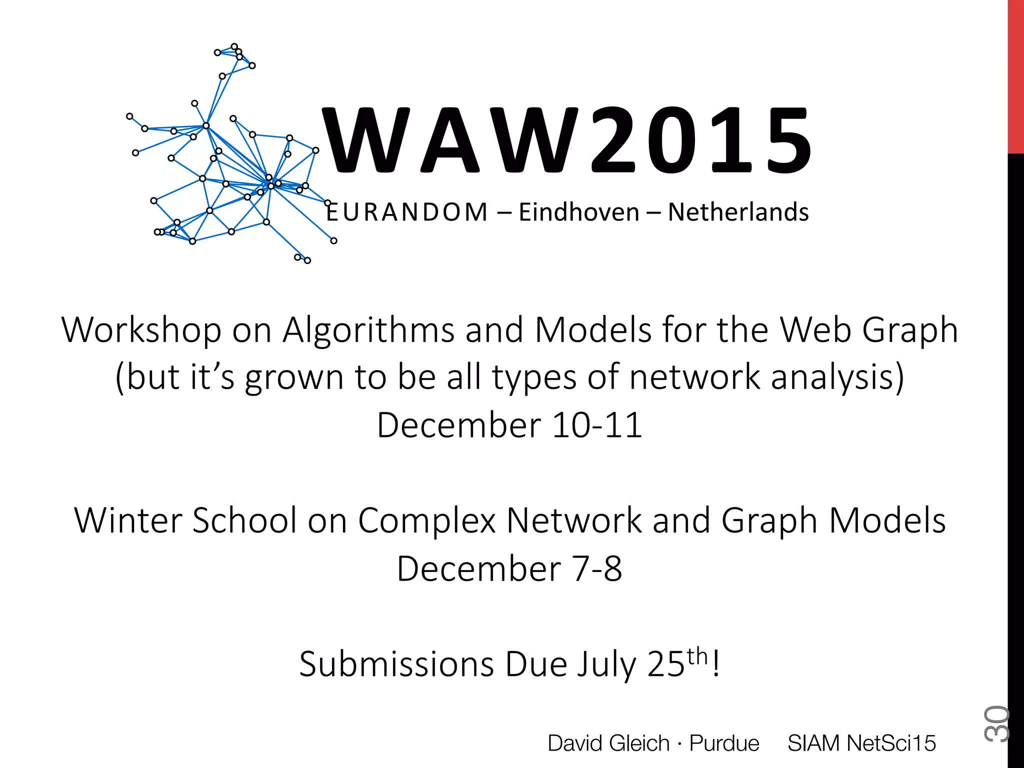 SIAM NetSci15
David Gleich · Purdue
30
WAW2015	
  EURANDOM	
  –	
  Eindhoven	
  –	
  Netherlands	
  
Workshop  on  Algorithms  and  Models  for  the  Web  Graph  
(but  it’s  grown  to  be  all  types  of  network  analysis)
December  10-­‐11

Winter  School  on  Complex  Network  and  Graph  Models  
December  7-­‐8

Submissions  Due  July  25th!
 
