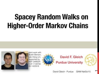Spacey Random Walks on
Higher-Order Markov Chains
David F. Gleich!
Purdue University!
Joint work with 
Austin Benson,
Lek-Heng Lim,
supported by "
NSF CAREER
CCF-1149756
IIS-1422918 
SIAM NetSci15
David Gleich · Purdue
1
 