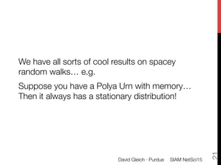 We have all sorts of cool results on spacey
random walks… e.g.
Suppose you have a Polya Urn with memory… "
Then it always ...