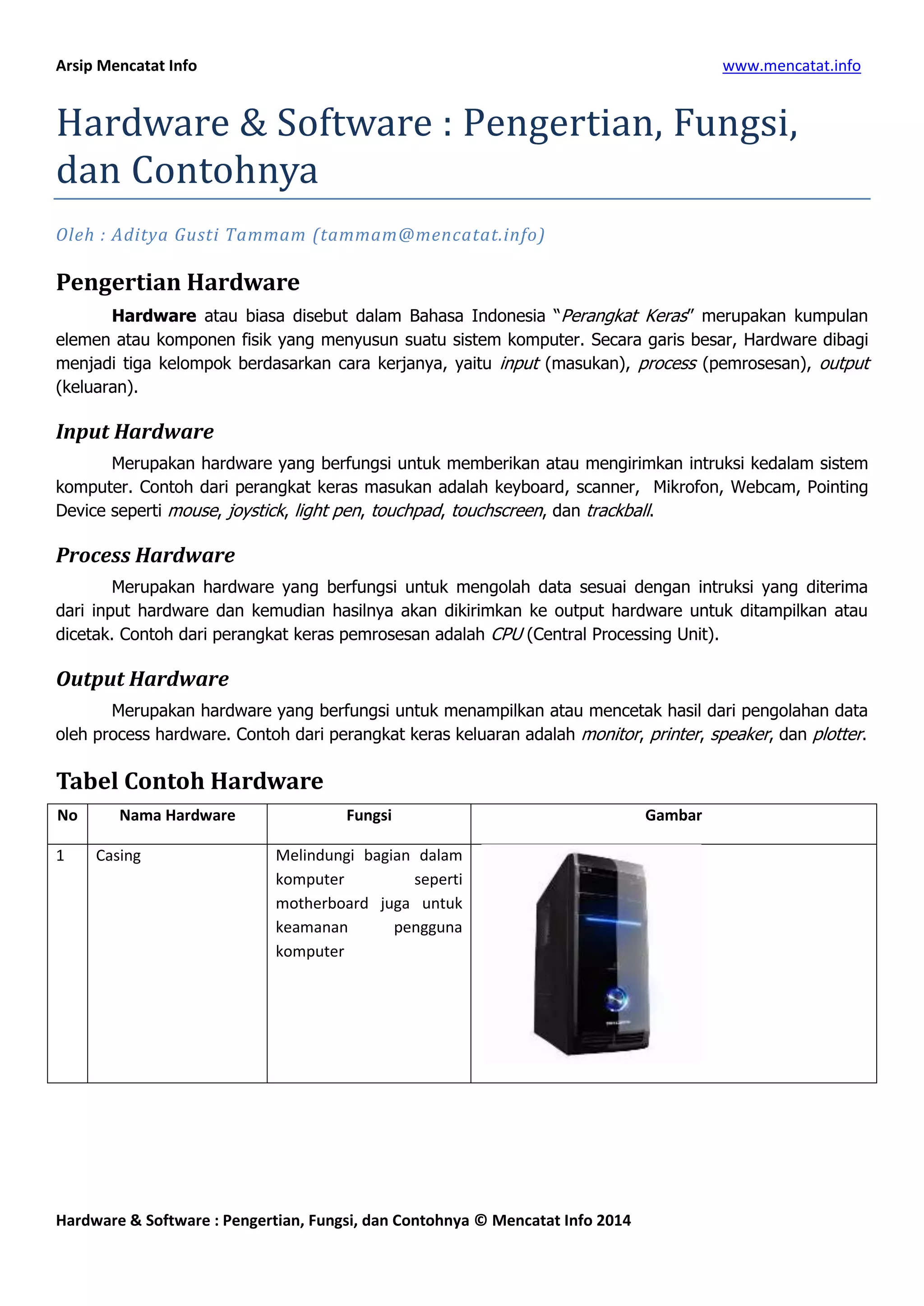 Pengertian, Fungsi, dan Contoh dari Hardware dan Software | PDF