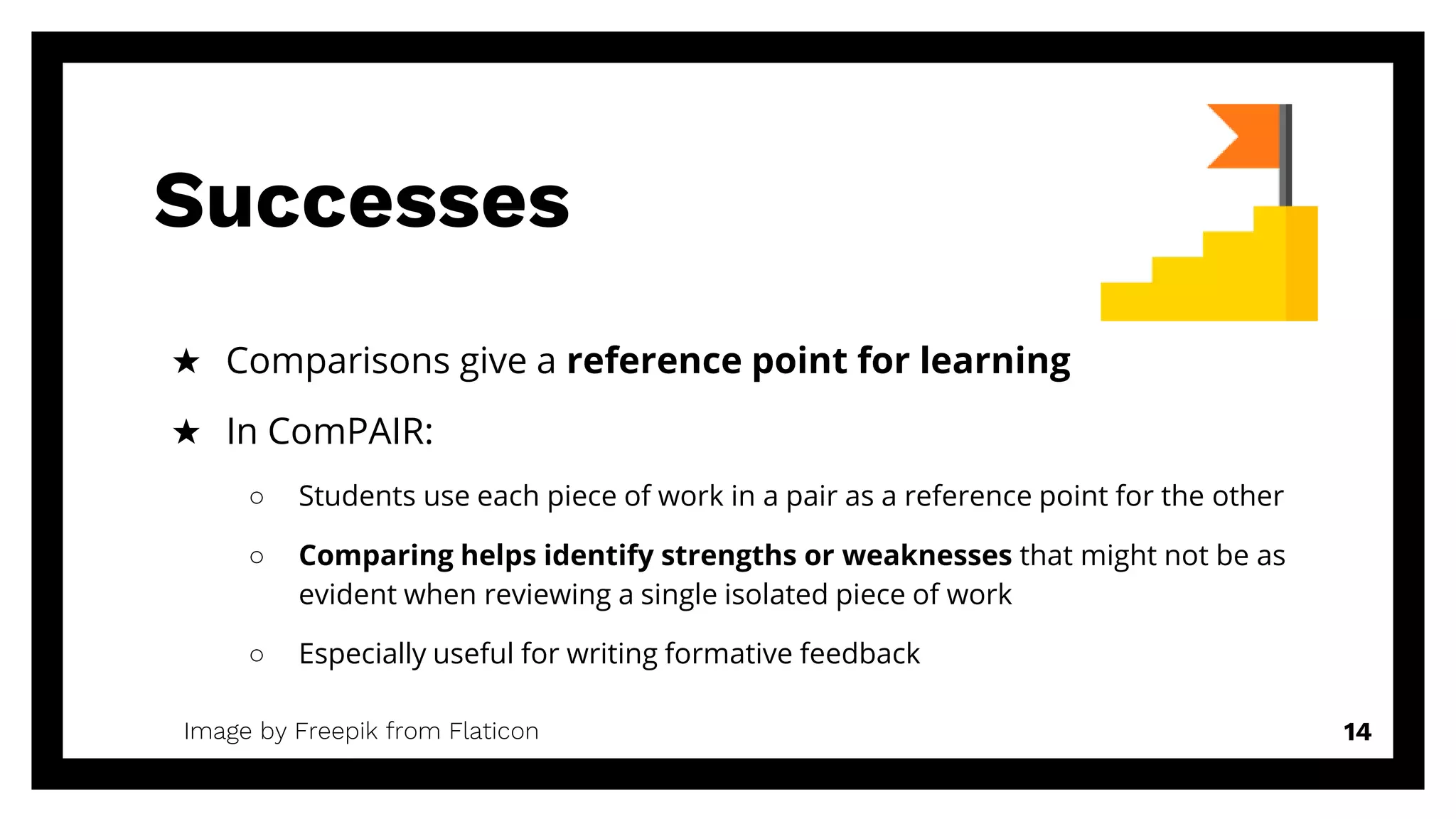 Successes
★ Comparisons give a reference point for learning
★ In ComPAIR:
○ Students use each piece of work in a pair as a reference point for the other
○ Comparing helps identify strengths or weaknesses that might not be as
evident when reviewing a single isolated piece of work
○ Especially useful for writing formative feedback
14Image by Freepik from Flaticon
 