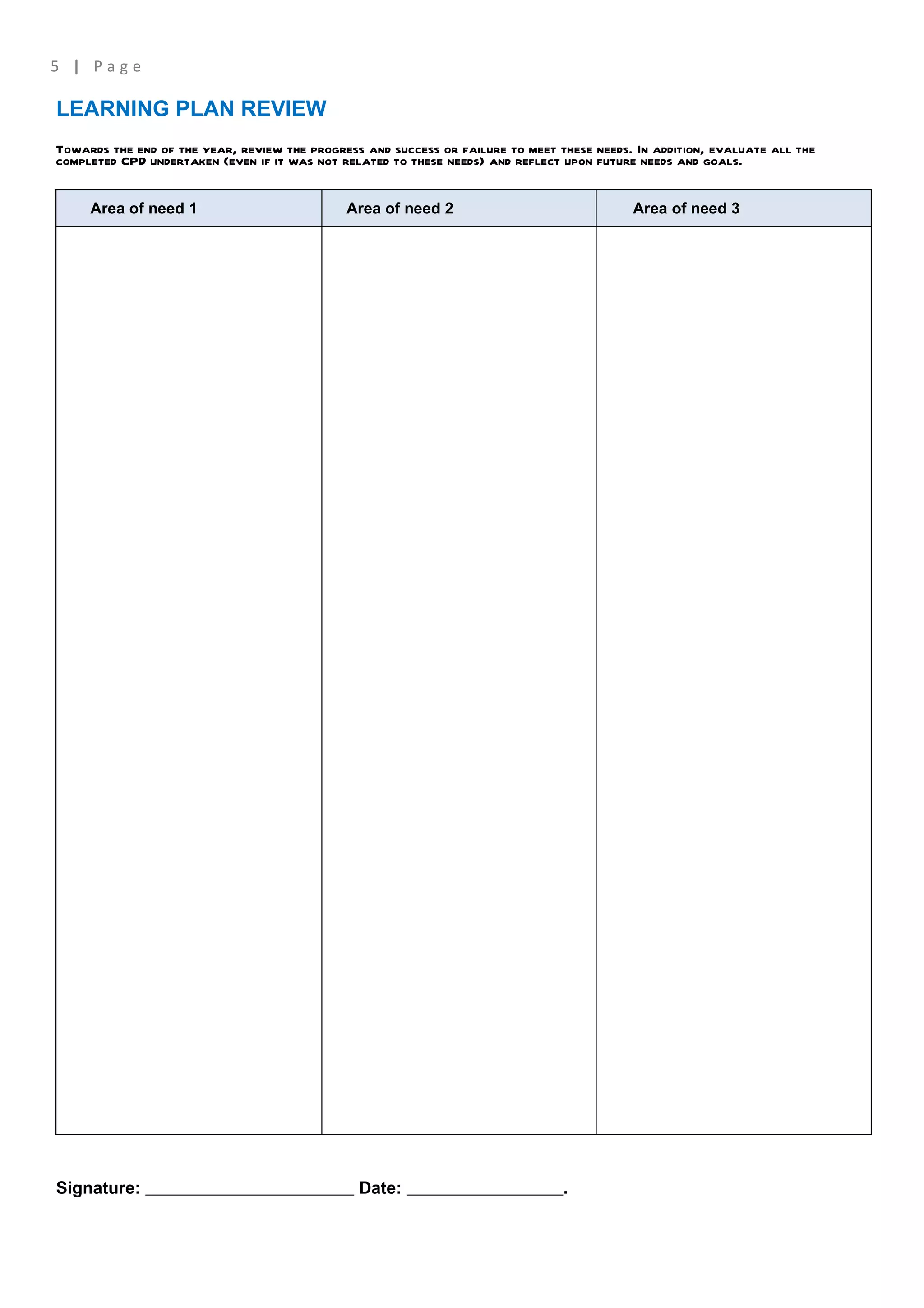 5 | Page

LEARNING PLAN REVIEW
Towards the end of the year, review the progress and success or failure to meet these needs. In addition, evaluate all the
completed CPD undertaken (even if it was not related to these needs) and reflect upon future needs and goals.


     Area of need 1                           Area of need 2                                Area of need 3




Signature:                                      Date:                            .
 