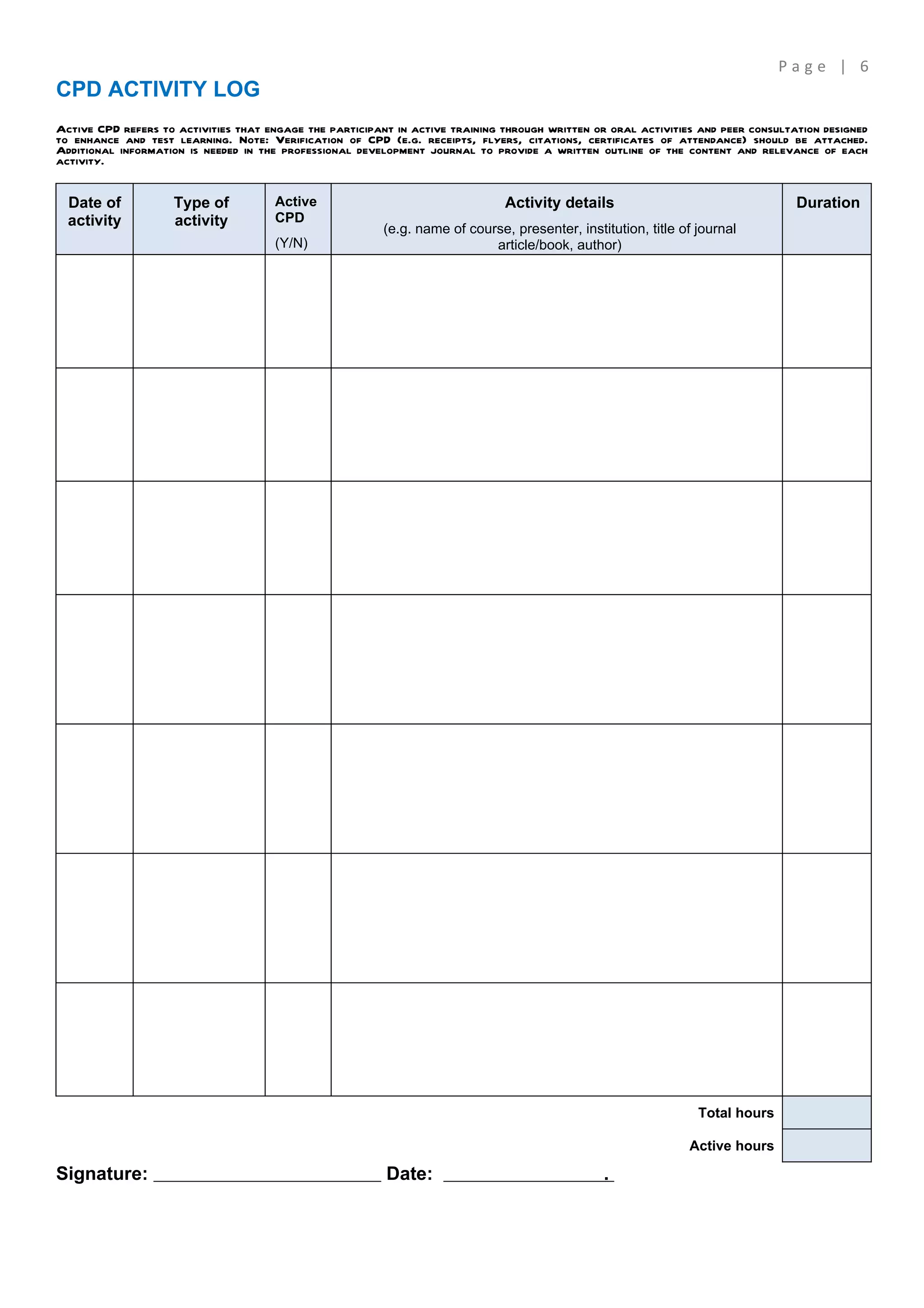 Page | 6
CPD ACTIVITY LOG
Active CPD refers to activities that engage the participant in active training through written or oral activities and peer consultation designed
to enhance and test learning. Note: Verification of CPD (e.g. receipts, flyers, citations, certificates of attendance) should be attached.
Additional information is needed in the professional development journal to provide a written outline of the content and relevance of each
activity.


  Date of           Type of           Active                                   Activity details                                    Duration
  activity          activity          CPD
                                                          (e.g. name of course, presenter, institution, title of journal
                                      (Y/N)                                 article/book, author)




                                                                                                                 Total hours

                                                                                                                Active hours

Signature:                                                Date:                                  .
 