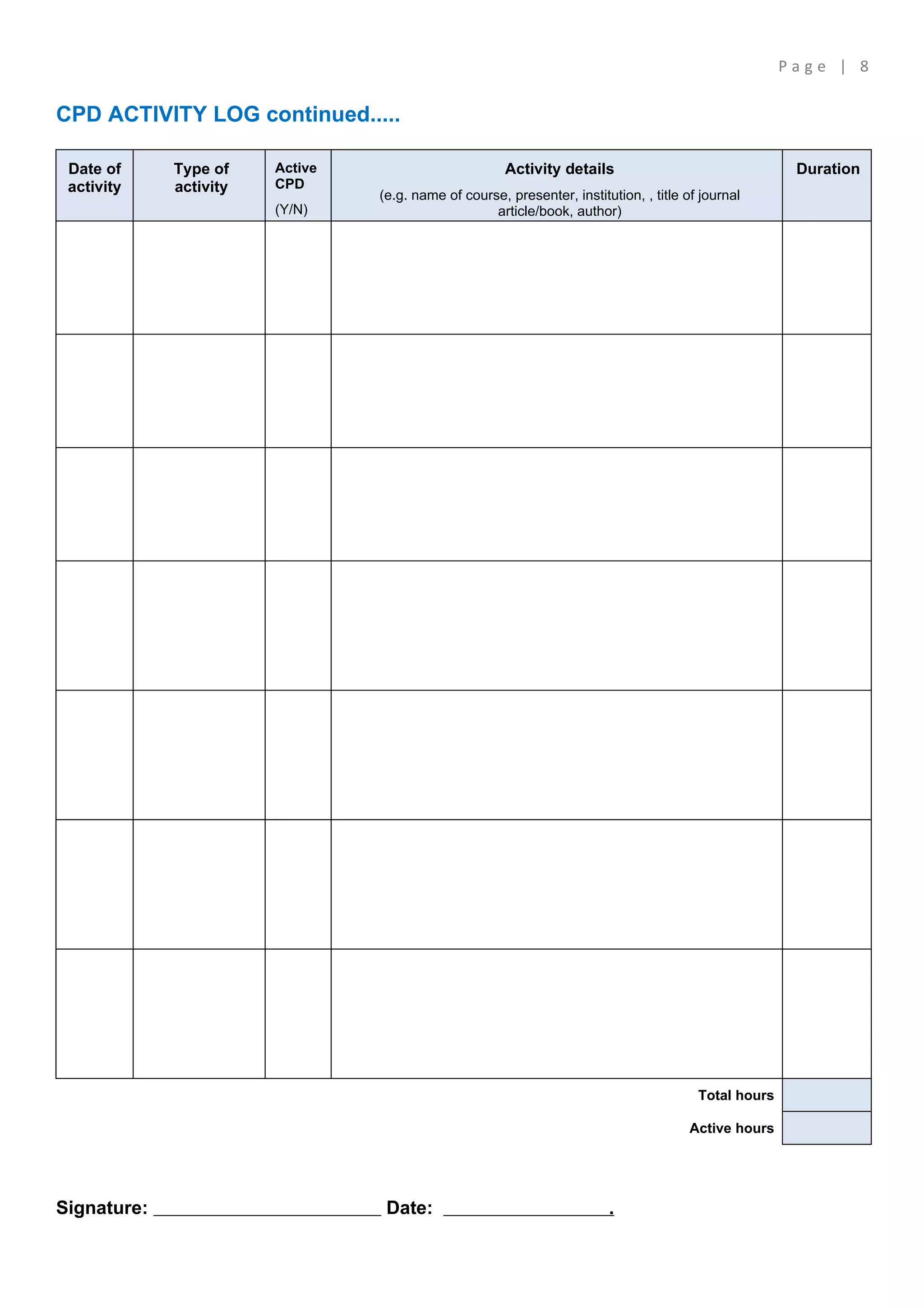 Page | 8

CPD ACTIVITY LOG continued.....

 Date of     Type of    Active                         Activity details                                 Duration
 activity    activity   CPD
                                 (e.g. name of course, presenter, institution, , title of journal
                        (Y/N)                       article/book, author)




                                                                                         Total hours

                                                                                        Active hours




Signature:                        Date:                                  .
 