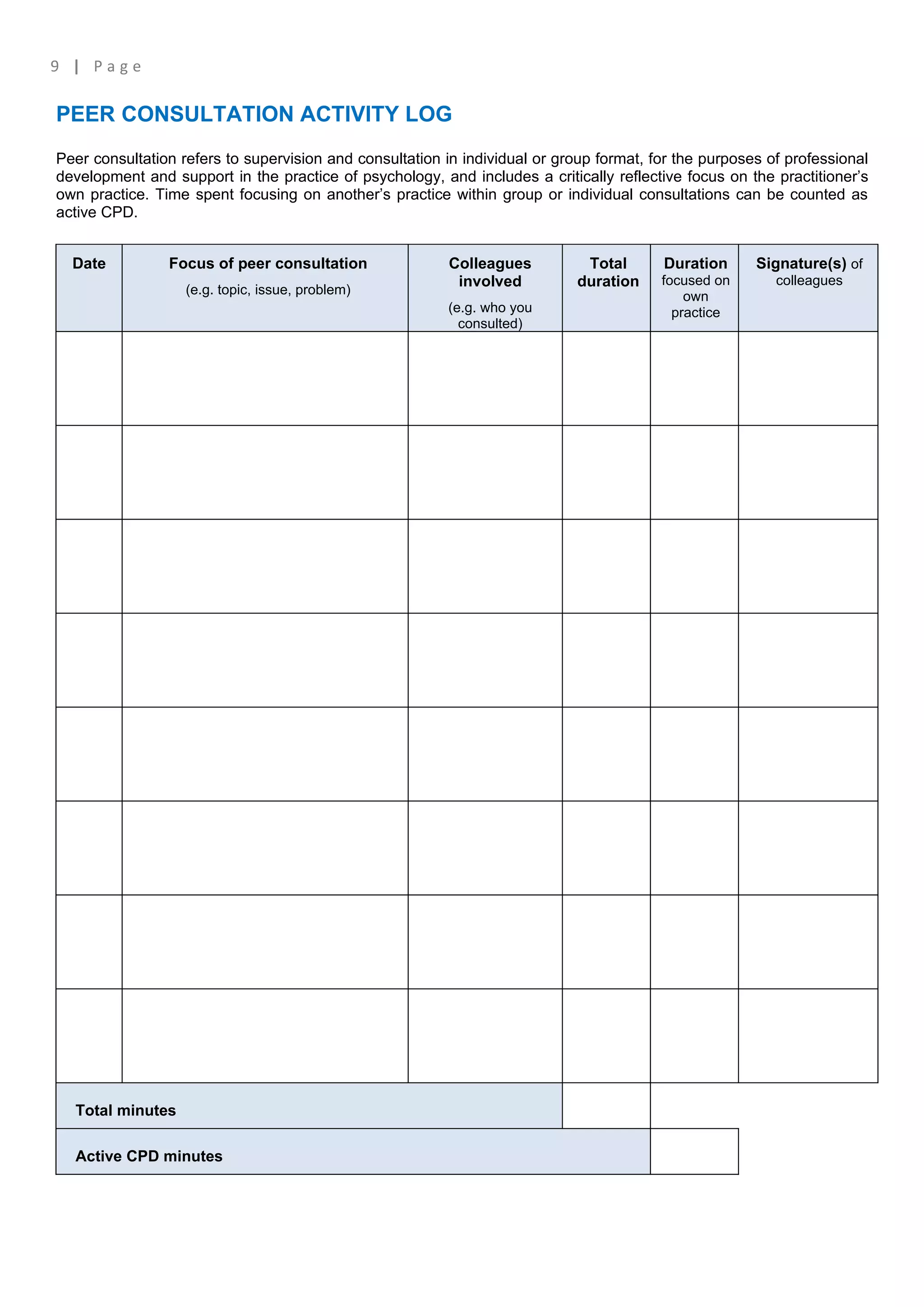 9 | Page

PEER CONSULTATION ACTIVITY LOG
Peer consultation refers to supervision and consultation in individual or group format, for the purposes of professional
development and support in the practice of psychology, and includes a critically reflective focus on the practitioner’s
own practice. Time spent focusing on another’s practice within group or individual consultations can be counted as
active CPD.


  Date          Focus of peer consultation                Colleagues         Total       Duration      Signature(s) of
                                                           involved         duration     focused on       colleagues
                   (e.g. topic, issue, problem)                                              own
                                                         (e.g. who you                     practice
                                                           consulted)




  Total minutes

  Active CPD minutes
 