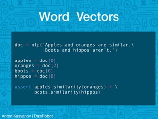 Anton Kasyanov | DataRobot
Word Vectors
doc = nlp(“Apples and oranges are similar.
Boots and hippos aren’t.")
apples = doc[0]
oranges = doc[2]
boots = doc[6]
hippos = doc[8]
assert apples.similarity(oranges) > 
boots.similarity(hippos)
 