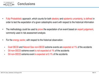 Conclusions 
• Fully Probabilistic approach, which counts for both aleatory and epistemic uncertainty, is defined in 
order to test the expectation of a given catastrophic event with respect to the historical information 
• The methodology could be used to prove the expectation of an event based on expert judgement, 
commonly used in risk assessment analysis 
• For the energy sector, with respect to the historical observation: 
• Coal OECD and Natural Gas non-OECD extreme events are expected at 1% of the accidents 
• Oil non-OECD extreme event is not expected at 1% of the accidents 
• Oil non-OECD extreme event is expected at 0.1% of the accidents 
IDRC 2014, Davos, Switzerland, 24-28 August 2014 Seite 19 
 