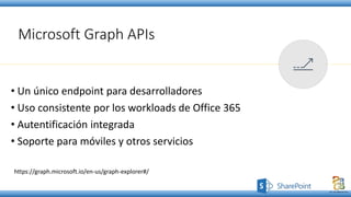 Microsoft Graph APIs
• Un único endpoint para desarrolladores
• Uso consistente por los workloads de Office 365
• Autentificación integrada
• Soporte para móviles y otros servicios
https://graph.microsoft.io/en-us/graph-explorer#/
 