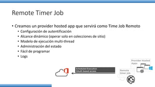 Remote Timer Job
• Creamos un provider hosted app que servirá como Time Job Remoto
• Configuración de autentificación
• Alcance dinámico (operar solo en colecciones de sitio)
• Modelo de ejecución multi-thread
• Administración del estado
• Fácil de programar
• Logs
 
