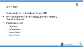 Add ins
• Se introdujeron en SharePoint Server 2013
• Ofrece dos modelos de hospedaje, provider hosted y
SharePoint hosted
• Pueden contener:
• Web Parts
• Full-page Apps
• Custom Actions
• Event Receivers
 