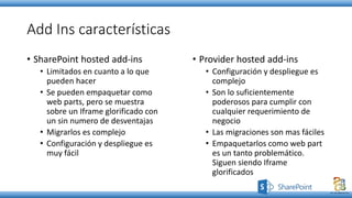 Add Ins características
• SharePoint hosted add-ins
• Limitados en cuanto a lo que
pueden hacer
• Se pueden empaquetar como
web parts, pero se muestra
sobre un Iframe glorificado con
un sin numero de desventajas
• Migrarlos es complejo
• Configuración y despliegue es
muy fácil
• Provider hosted add-ins
• Configuración y despliegue es
complejo
• Son lo suficientemente
poderosos para cumplir con
cualquier requerimiento de
negocio
• Las migraciones son mas fáciles
• Empaquetarlos como web part
es un tanto problemático.
Siguen siendo Iframe
glorificados
 