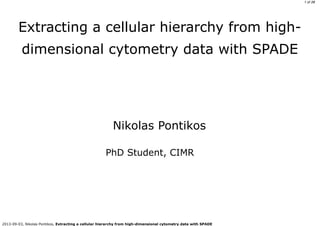1 of 28
2013-09-03, Nikolas Pontikos, Extracting a cellular hierarchy from high-dimensional cytometry data with SPADE
Extracting a cellular hierarchy from high-
dimensional cytometry data with SPADE
Nikolas Pontikos
PhD Student, CIMR
 