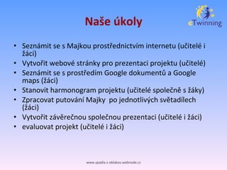Naše úkoly Seznámit se s Majkou prostřednictvím internetu (učitelé i žáci) Vytvořit webové stránky pro prezentaci projektu (učitelé) Seznámit se s prostředím Google dokumentů a Google maps (žáci) Stanovit harmonogram projektu (učitelé společně s žáky) Zpracovat putování Majky  po jednotlivých světadílech (žáci) Vytvořit závěrečnou společnou prezentaci (učitelé i žáci) evaluovat projekt (učitelé i žáci) www.spadla-z-oblakov.webnode.cz 