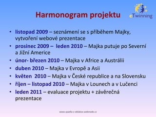 Harmonogram projektu listopad 2009  – seznámení se s příběhem Majky, vytvoření webové prezentace prosinec 2009 –  leden 2010  – Majka putuje po Severní a Jižní Americe únor- březen 2010  – Majka v Africe a Austrálii duben 2010  – Majka v Evropě a Asii květen   2010  – Majka v České republice a na Slovensku říjen – listopad 2010  – Majka v Lounech a v Lučenci leden 2011  – evaluace projektu + závěrečná prezentace www.spadla-z-oblakov.webnode.cz 