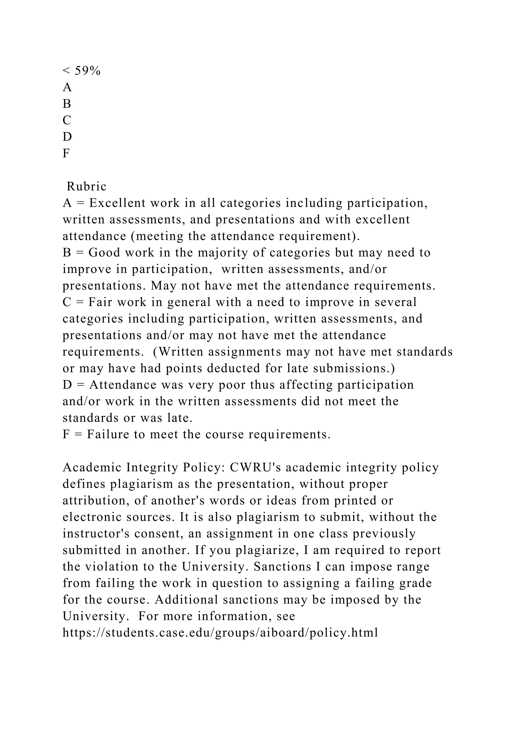 < 59%
A
B
C
D
F
Rubric
A = Excellent work in all categories including participation,
written assessments, and presentations and with excellent
attendance (meeting the attendance requirement).
B = Good work in the majority of categories but may need to
improve in participation, written assessments, and/or
presentations. May not have met the attendance requirements.
C = Fair work in general with a need to improve in several
categories including participation, written assessments, and
presentations and/or may not have met the attendance
requirements. (Written assignments may not have met standards
or may have had points deducted for late submissions.)
D = Attendance was very poor thus affecting participation
and/or work in the written assessments did not meet the
standards or was late.
F = Failure to meet the course requirements.
Academic Integrity Policy: CWRU's academic integrity policy
defines plagiarism as the presentation, without proper
attribution, of another's words or ideas from printed or
electronic sources. It is also plagiarism to submit, without the
instructor's consent, an assignment in one class previously
submitted in another. If you plagiarize, I am required to report
the violation to the University. Sanctions I can impose range
from failing the work in question to assigning a failing grade
for the course. Additional sanctions may be imposed by the
University. For more information, see
https://students.case.edu/groups/aiboard/policy.html
 