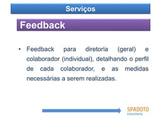 Como?
Feedback
Serviços
• Feedback para diretoria (geral) e
colaborador (individual), detalhando o perfil
de cada colaborador, e as medidas
necessárias a serem realizadas.
 