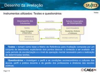 Page  10
Instrumentos utilizados: Testes e questionários Índice
 Testes – tomam como base a Matriz de Referência para Avaliação composta por um
conjunto de descritores, explicitando dois pontos básicos: o conteúdo a ser avaliado em
cada período de escolarização e o nível de operação mental necessário para a realização
de determinadas tarefas.
 Questionários – investigam o perfil e as condições socioeconômico e culturais dos
alunos, perfil e prática docente e de gestão dos professores e diretores das escolas
públicas.
Desenho da avaliação
 