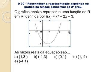D 30 – Reconhecer a representação algébrica ou
gráfica da função polinomial do 2º grau.
O gráfico abaixo representa uma função de R
em R, definida por f(x) = x² – 2x – 3.
As raízes reais da equação são...
a) (1,3 ) b) (-1,3) c) (0,1) d) (1,-4)
e) (-4,1)
 