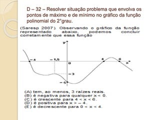 D – 32 – Resolver situação problema que envolva os
pontos de máximo e de mínimo no gráfico da função
polinomial do 2°grau.
 