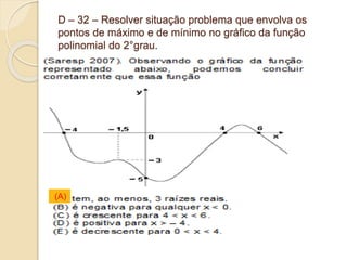 D – 32 – Resolver situação problema que envolva os
pontos de máximo e de mínimo no gráfico da função
polinomial do 2°grau.
(A)
 