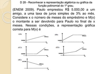 D 28 - Reconhecer a representação algébrica ou gráfica da
função polinomial do 1º grau.
(ENEM 2009). Paulo emprestou R$ 5.000,00 a um
amigo, a uma taxa de juros simples de 3% ao mês.
Considere x o número de meses do empréstimo e M(x)
o montante a ser devolvido para Paulo no final de x
meses. Nessas condições, a representação gráfica
correta para M(x) é
 