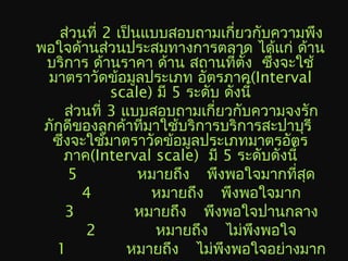 ส่วนที่ 2 เป็นแบบสอบถามเกี่ยวกับความพึง
พอใจด้านส่วนประสมทางการตลาด ได้แก่ ด้าน
บริการ ด้านราคา ด้าน สถานที่ตั้ง ซึ่งจะใช้
มาตราวัดข้อมูลประเภท อัตรภาค(Interval
scale) มี 5 ระดับ ดังนี้
ส่วนที่ 3 แบบสอบถามเกี่ยวกับความจงรัก
ภักดีของลูกค้าที่มาใช้บริการบริการสะปาบุรี
ซึ่งจะใช้มาตราวัดข้อมูลประเภทมาตรอัตร
ภาค(Interval scale) มี 5 ระดับดังนี้
5 หมายถึง พึงพอใจมากที่สุด
4 หมายถึง พึงพอใจมาก
3 หมายถึง พึงพอใจปานกลาง
2 หมายถึง ไม่พึงพอใจ
1 หมายถึง ไม่พึงพอใจอย่างมาก
 