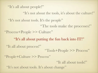 “It’s all about people!”
            “It’s not about the tools, it’s about the culture!”
  “It's not about tools. It's the people”
                    “The tools make the processes!”
“Process+People >> Culture”
      “It's all about putting the fun back into IT!”
 “It all about process!”
                            “Tools+People >> Process”
“People+Culture >> Process”
                                    “It all about tools!”
 “It’s not about tools. It’s about change”
 