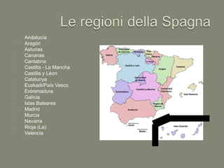 1. Andalucía
2. Aragón
3. Asturias
4. Canarias
5. Cantabria
6. Castilla - La Mancha
7. Castilla y Léon
8. Catalunya
9. Euskadi/País Vasco
10. Extremadura
11. Galicia
12. Islas Baleares
13. Madrid
14. Murcia
15. Navarra
16. Rioja (La)
17. Valencia
 