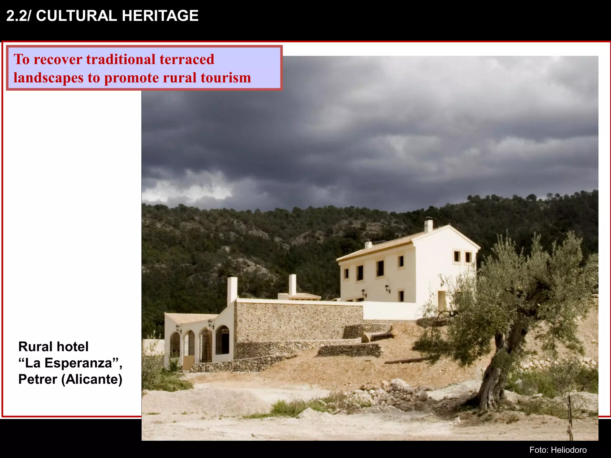 2.2/ CULTURAL HERITAGE
To recover traditional terraced
landscapes to promote rural tourism
Rural hotel
“La Esperanza”,
Petrer (Alicante)
Foto: Heliodoro
 