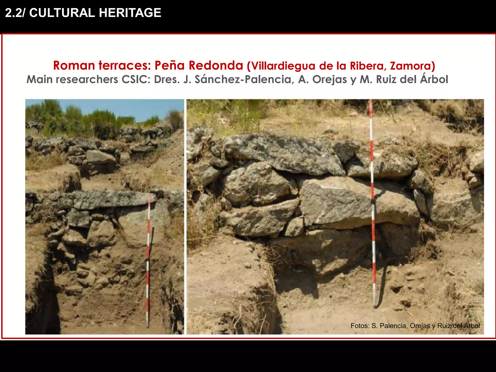 2.2/ CULTURAL HERITAGE
Roman terraces: Peña Redonda (Villardiegua de la Ribera, Zamora)
Main researchers CSIC: Dres. J. Sánchez-Palencia, A. Orejas y M. Ruiz del Árbol
Fotos: S. Palencia, Orejas y Ruiz del Árbol
 