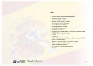20
FONTI
-	 Agencia Tributaria (agenzia tributaria spagnola)
-	 Ambasciata italiana a Madrid
-	 Ambasciata spagnola a Roma
-	 Banco de España (Banca di Spagna)
-	 Camera di commercio di Barcellona
-	 Camera di commercio di Madrid
-	 Camera di commercio di Siviglia
-	 Centro Studi Confcommercio
-	 Commissione Europea
-	 Consorcio Zona Especial Canaria (Consorzio zona speciale Canarie)
-	 EUROESTACOM - Agenzia Tributaria
-	 Eurostat
-	 Il Sole 24 Ore
-	 INE - Instituto Nacional de Estadística (istituto nazionale di statistica)
-	 Instituto Cervantes (Madrid)
-	 Ministero di Industria, Turismo e Commercio - Spagna
-	 Ministero dei Lavori Pubblici - Spagna
-	 Portale Europeo della Giustizia
-	 SIL International Publications (Dallas, USA)
-	 Wikipedia
 