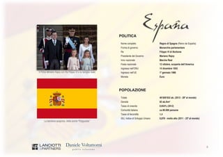 3
La bandiera spagnola, detta anche “Rojigualda”
Il Primo Ministro Rajoy con Re Filippo VI e la famiglia reale
POLITICA
Nome completo Regno di Spagna (Reino de España)
Forma di governo Monarchia parlamentare
Re Filippo VI di Borbone
Presidente del Governo Mariano Rajoy
Inno nazionale Marcha Real
Festa nazionale 12 ottobre, scoperta dell’America
Ingresso nell’ONU 14 dicembre 1955
Ingresso nell’UE 1º gennaio 1986
Moneta Euro
POPOLAZIONE
Totale 46’609’652 ab. (2013 - 28º al mondo)
Densità 92 ab./km2
Tasso di crescita 0,654% (2012)
Comunità italiana ca 80.000 persone
Tasso di fecondità 1,4
ISU, Indice di Sviluppo Umano 0,878 - molto alto (2011 - 23º al mondo)
 