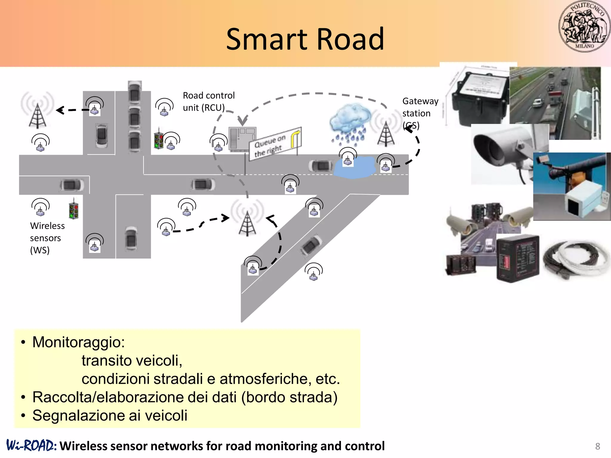 Smart Road
                              Road control
                                                                    Gateway
                              unit (RCU)
                                                                    station
                                                                    (GS)




    Wireless
    sensors
    (WS)




  • Monitoraggio:
           transito veicoli,
           condizioni stradali e atmosferiche, etc.
  • Raccolta/elaborazione dei dati (bordo strada)
  • Segnalazione ai veicoli
Wi-ROAD: Wireless sensor networks for road monitoring and control             8
 