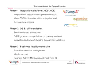 The evolution of the SpagoBI project

Phase 1: Integration platform (2005-2008)
   Integration of best available open source tools
   Make OSBI tools usable at the enterprise level
   Develop new engines


Phase 2: OS BI differentiation
   Service oriented architecture
   OS BI grows more rapidly than proprietary solutions
   Innovation and network building through joint initiatives


Phase 3: Business Intelligence suite
   Extensive metadata management
   Mobile support
   Business Activity Monitoring and Real Time BI
                                                                                24
            Creative Commons Attribution-Share Alike Unported 3.0 License
                                                                            www.eng.it
                                                                                         gabriele.ruffatti AT eng.it
 
