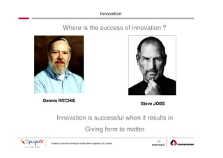 Innovation


              Where is the success of innovation ?




Dennis RITCHIE
                                                                   Steve JOBS


        Innovation is successful when it results in
                                     Giving form to matter
                                                                           33
   Creative Commons Attribution-Share Alike Unported 3.0 License
                                                                       www.eng.it
                                                                                    gabriele.ruffatti AT eng.it
 