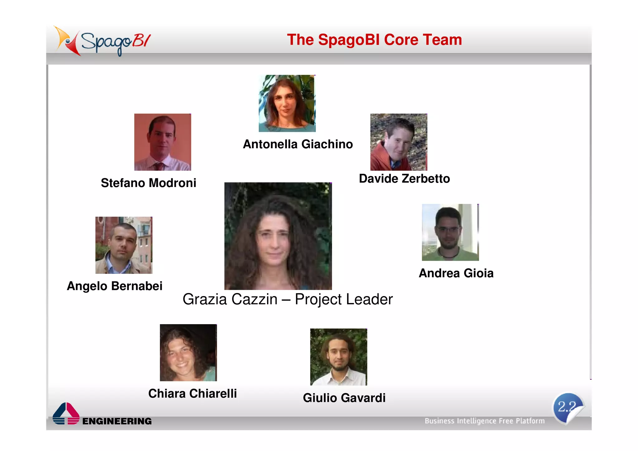 The SpagoBI Core Team




                               Antonella Giachino


     Stefano Modroni                                Davide Zerbetto




                                                             Andrea Gioia
Angelo Bernabei
                  Grazia Cazzin – Project Leader




            Chiara Chiarelli            Giulio Gavardi
 