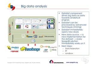 www.spagobi.orgCopyright © 2015 Engineering Group, SpagoBI Labs. All rights reserved.
Big data analysis
• DataSet component
drives big data as data
towards analytical
engines
• DataSet can be
processed by advanced
techniques (mining)
• DataSet immediately
opens new doors
• New data source → a
new implementation for
the dataset → every
SpagoBI solution
immediately works on it
• Next steps:
– Data federation
– RT
– sandbox
 