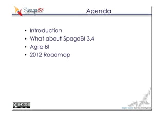 Agenda


•   Introduction
•   What about SpagoBI 3.4
•   Agile BI
•   2012 Roadmap
 