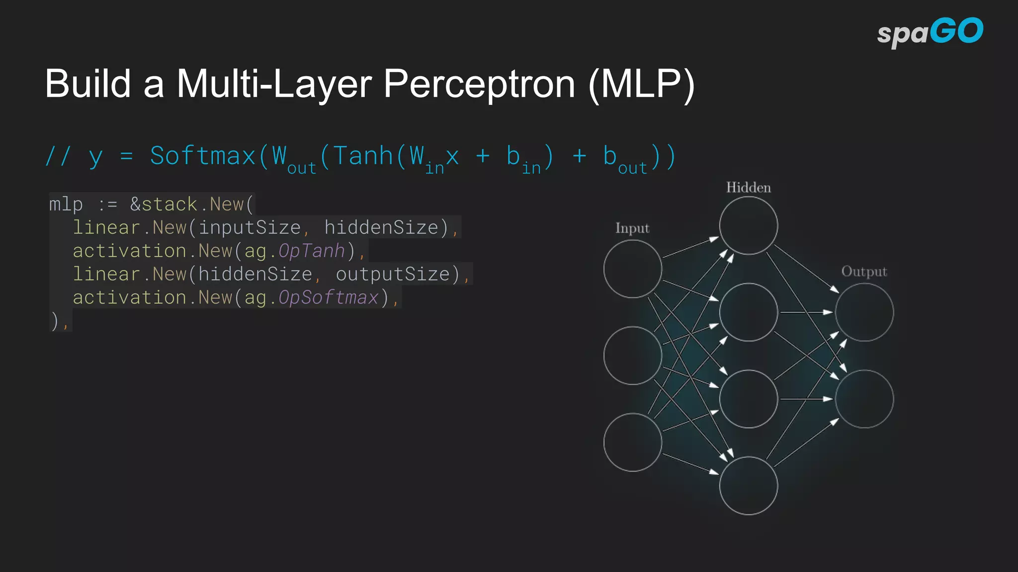 Build a Multi-Layer Perceptron (MLP)
mlp := &stack.New(
linear.New(inputSize, hiddenSize),
activation.New(ag.OpTanh),
linear.New(hiddenSize, outputSize),
activation.New(ag.OpSoftmax),
),
// y = Softmax(Wout
(Tanh(Win
x + bin
) + bout
))
 