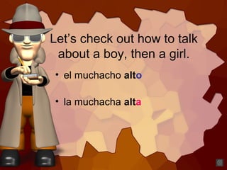 Let’s check out how to talk
about a boy, then a girl.
• el muchacho alto
• la muchacha alta
 