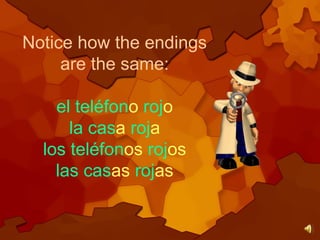 Notice how the endings
are the same:
el teléfono rojo
la casa roja
los teléfonos rojos
las casas rojas
 