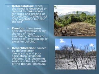  Deforestation: when
the forest is destroyed or
cleared to make space
for crops and grazing or
for building. It affects not
only vegetation but also
the soil
 Erosion: it increases
after deforestation or by
the use of heavy
machinery, fertilisers or
pesticides, overgrazing or
excesive building.
 Desertification: caused
by deforestation,
overgrazing and poor
agricultural irrigation
systems. It is becoming
serious in the south-east
of the Iberian Peninsula.
 