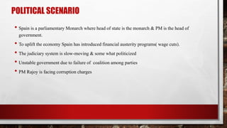 POLITICAL SCENARIO
• Spain is a parliamentary Monarch where head of state is the monarch & PM is the head of
government.
• To uplift the economy Spain has introduced financial austerity programs( wage cuts).
• The judiciary system is slow-moving & some what politicized
• Unstable government due to failure of coalition among parties
• PM Rajoy is facing corruption charges
 