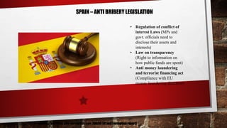 SPAIN – ANTI BRIBERY LEGISLATION
• Regulation of conflict of
interest Laws (MPs and
govt. officials need to
disclose their assets and
interests)
• Law on transparency
(Right to information on
how public funds are spent)
• Anti money laundering
and terrorist financing act
(Compliance with EU
money laundering directive)
Source – business-anti-corruption.com, EUACR(EU anti corruption report)
 