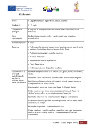 ERASMUS+ Music is long life learning 103
4.2.3 Rumanía
Título 1 La primavera está aquí: flores, abejas, jardines
Edad/nivel 8 / 2º grado
Competencia
principal
Recepción de mensajes orales / escritos en contextos comunicativos
familiares
Otras
competencias
Producción de mensajes orales / escritos en diversas situaciones
comunicativas
Tiempo empleado 6 horas
Recursos o Folletos con las letras de las canciones: la primavera está aquí, la abeja
y las flores, los jardines florecen, la dama de las flores
o Partituras musicales para todas las canciones
o Vivaldi: Primavera
o Imágenes que ilustran la primavera
o Piano, flauta, chelo
o Folletos con división de palabras en sílabas
Descripción de la
actividad:
metodología, lo
que hace el
profesor, lo que
hacen los alumnos
Interpreta Interpretaciones de la canción (voz, piano, flauta, violonchelo,
violín)
Interpretar varias canciones de acuerdo con las puntuaciones otorgadas
División de palabras en sílabas utilizando la letra de las canciones con
acompañamiento de piano / violín
Cómo resolver tareas que tienen en el fondo A. Vivaldi: Spring
Cantar canciones que riman acompañadas por el piano, la flauta y el
violín y luego resolver tareas relacionadas con la canción
Interpretar canciones con acompañamiento de piano y violonchelo
Usar versos rítmicos / palabras haciendo percusión con las manos en los
escritorios y el cuerpo
Promoción de palabras / expresiones musicales
Cantar canciones y escribir palabras específicas: para cada instrumento
musical, se seleccionaron palabras y expresiones específicas para
consolidarlas
 