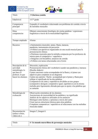 ERASMUS+ Music is long life learning 106
Título 3 Gloriosa comida
Edad/nivel 13/7º grado
Competencia
principal
Expandir el vocabulario relacionado con problemas de comida a través
de melodías musicales
Otras
competencias
Obtener conocimiento fonológico de ciertas palabras / expresiones
lingüísticas a través de la musicalidad lingüística
Tiempo empleado 4 horas
Recursos o Instrumentos musicales: piano, flauta, maracas,
pandereta, instrumentos de percusión
o Folletos con aperitivos organizados en una escala musical para la
pronunciación rítmica
o Partituras musicales para la melodía compuesta por los profesores de
música para el comparativo / superlativo
o Imágenes con bocadillos; anuncios de comida
o Folletos con tareas relacionadas con el texto
Descripción de la
actividad:
metodología, lo
que hace el
profesor, lo que
hacen los alumnos
Discusión, explicación
Pronunciación rítmica del vocabulario usando una pandereta y maracas
(Rumba shakers)
Cantar canciones cortas acompañadas de la flauta y el piano con
adjetivos para completar en un diagrama
Cantar una opinión / Hecho acompañado por el piano y flauta para
reflejar el significado de las dos palabras
Comparativas de canto y superlativos divididos en tres grupos
(comparativo desigual, comparativo igual, superlativo) con la misma
melodía pero ligeramente alterada para que se ajuste a las palabras que
se cantarán
Metodología de
evaluación
Observación sistemática de los alumnos
Asociaciones de musicalidad de las palabras y su significado
Análisis de los adjetivos utilizados en los anuncios
Distinguir entre hechos y opiniones a través del canto
Crear nuevas estructuras rítmicas para otras palabras
Completar comparativos / superlativos al relacionarse con las melodías
musicales dadas
Documentación
(enlace a fotos,
videos etc.)
Imagen 5, Imagen 6
Título 4 Un mundo maravilloso de personajes musicales
 