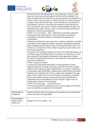 ERASMUS+ Music is long life learning 121
diminuta gota de agua líquida que es más pesada que el aire, de modo
que cae a menos que esté apoyada por una corriente ascendente. Una
gran concentración de estas gotitas en un gran espacio en la atmósfera se
vuelve visible como una nube. La niebla se forma si el vapor de agua se
condensa cerca del nivel del suelo, como resultado de una colisión con
aire húmedo y aire frío o una reducción abrupta de la presión del aire.
Las corrientes de aire mueven el vapor de agua alrededor del globo, las
partículas de las nubes chocan, crecen y caen de las capas atmosféricas
superiores en forma de precipitación.
FASE 4: Los ríos fluyen ... forte - infiltración, escorrentía superficial
El concierto para violonchelo se vuelve más intenso, aumenta en
intensidad y velocidad, también con elementos de percusión en
violonchelos:
Algunas precipitaciones caen como nieve o granizo, aguanieve, y pueden
acumularse como casquetes de hielo y glaciares, que pueden almacenar
agua congelada durante miles de años. La mayoría del agua vuelve a los
océanos o a la tierra como lluvia, donde el agua fluye por el suelo como
escorrentía superficial.
Una parte de la escorrentía ingresa a los ríos en los valles del paisaje, con
un flujo de agua moviéndose hacia los océanos. La escorrentía y el agua
que emerge del suelo pueden almacenarse como agua dulce en lagos.
No toda la escorrentía fluye hacia los ríos, mucha de la cual penetra en el
suelo como infiltración.
FASE 5: regreso al océano
La música de cello pierde intensidad y al final reproduce el tema:
Alguna infiltración se queda cerca de la superficie de la tierra y puede
filtrarse hacia cuerpos de aguas superficiales (y el océano) a medida que
se descarga el agua subterránea. Algunas aguas subterráneas encuentran
aberturas en la superficie de la tierra y salen como manantiales de agua
dulce. En los valles de los ríos y las llanuras de inundación, a menudo
hay un intercambio continuo de agua entre las aguas superficiales y
subterráneas en la zona hiporreica. Con el tiempo, el agua vuelve al
océano para continuar el ciclo del agua.
FASE 6: Ciclo del agua ... ciclismo de nuevo
El tema del violoncelo comienza de nuevo, con la imagen del concierto
real: ¡y el público se sorprende de la felicidad!
Metodología de
evaluación
Explicar cada fase del ciclo del agua en la naturaleza con la ayuda de la
música tal como se ha aprendido
Documentación
(enlace a fotos,
videos etc.)
Imagen 30 y www.weebly ... etc.
 